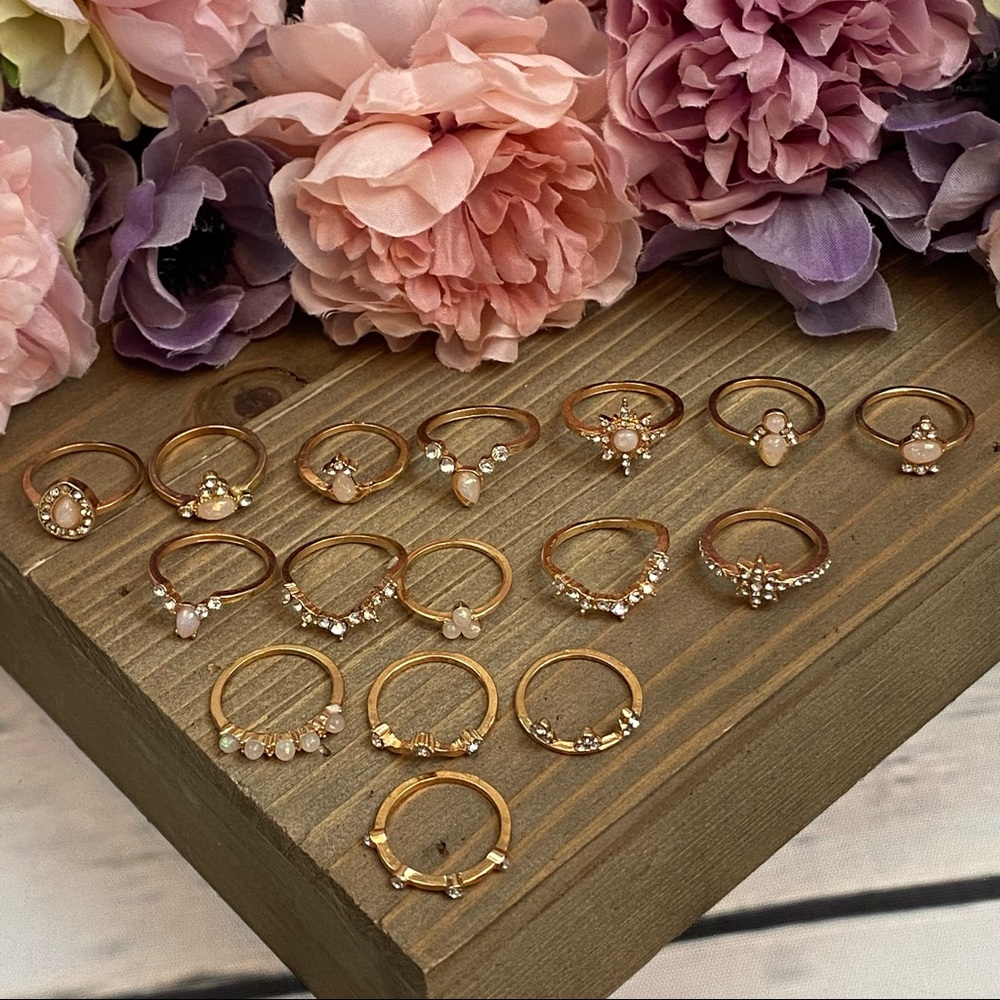 16 Pcs Boho Gypsy Gold, Crystal & Opal Ring Set - Picture 7 of 14